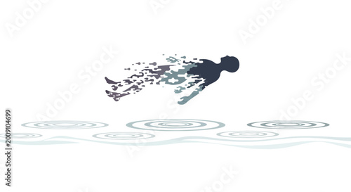 Bild auf Leinwand A minimalist vector illustration of a human figure floating in mid-air and dissolving into liquid droplets above a surface with water ripples