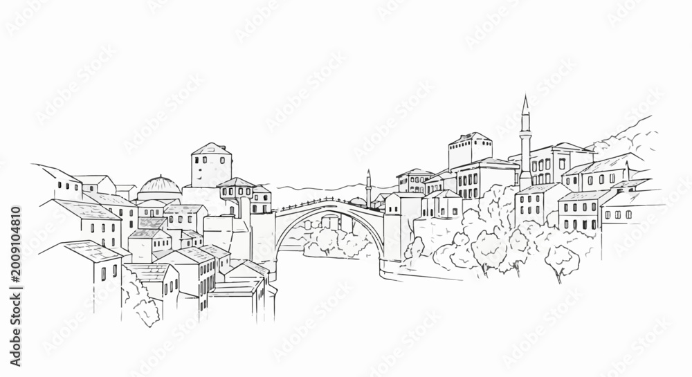 Fototapeta premium Sketch of an old stone bridge spanning a river with historic buildings on either side