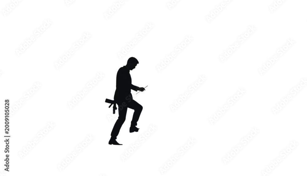 Obraz premium Businessman walks forward while holding a briefcase and checking his watch during a workday.