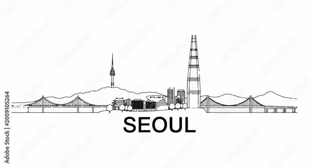 Obraz premium Stylized black and white line art cityscape of Seoul with iconic landmarks