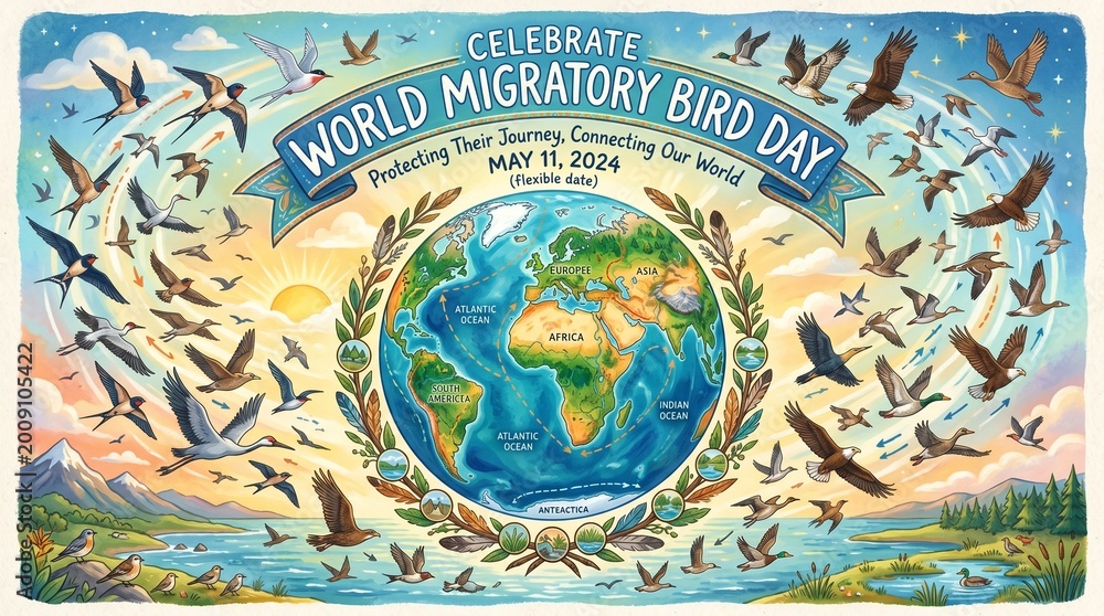 Naklejka premium World Migratory Bird Day, celebrate birds fly around globe, earth conservation