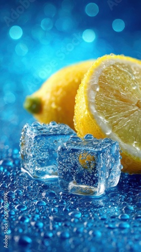Sliced Lemon with Ice Cubes on Blue Background