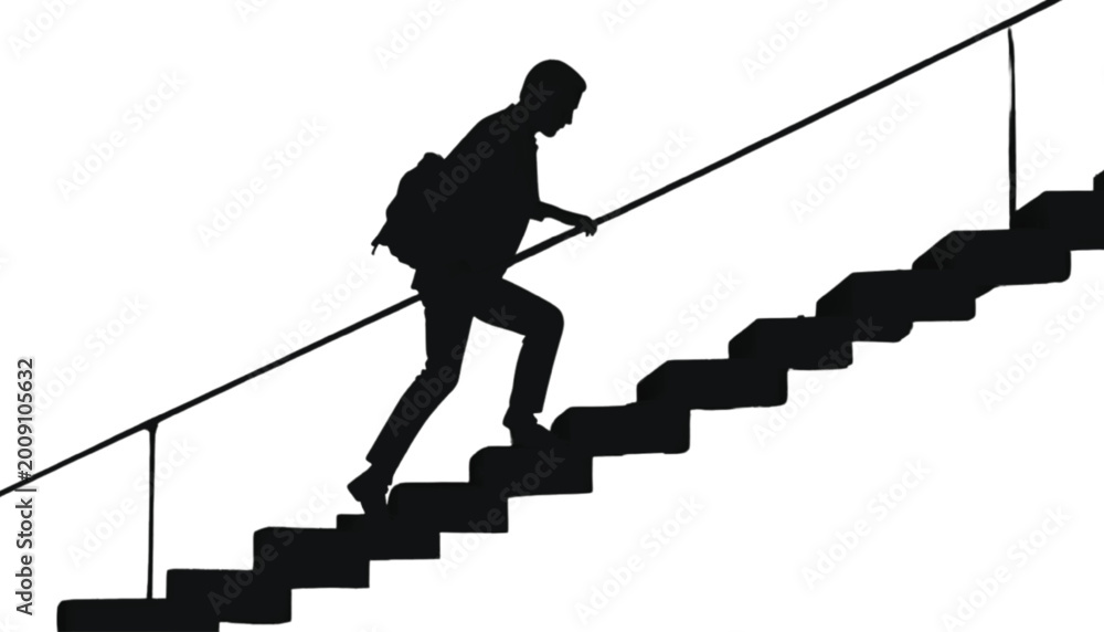 Fototapeta premium Student carrying a backpack walks up the stairs to symbolize education and personal development.