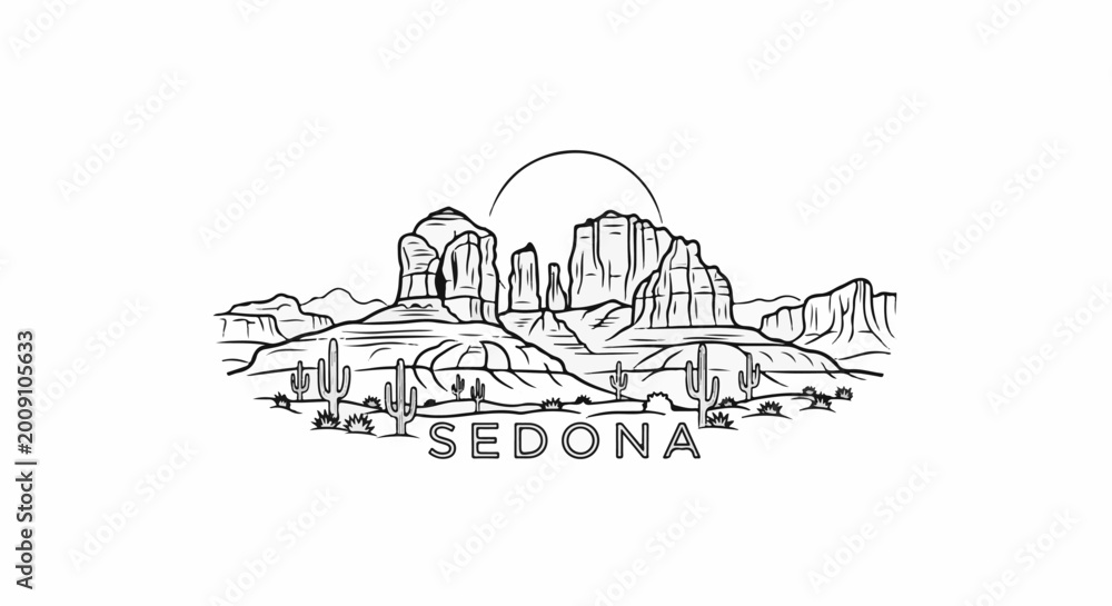 Naklejka premium Stylized desert landscape with red rock formations, cacti, and a sun arch