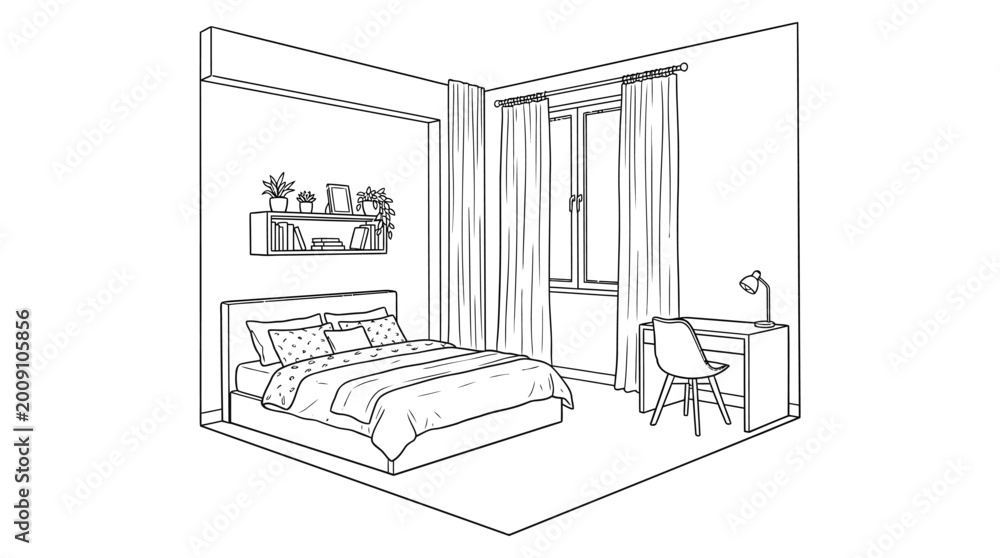 Fototapeta premium An isometric line drawing of a cozy bedroom featuring a bed, a desk with a chair, a window with curtains, and a shelf with plants and picture frames.