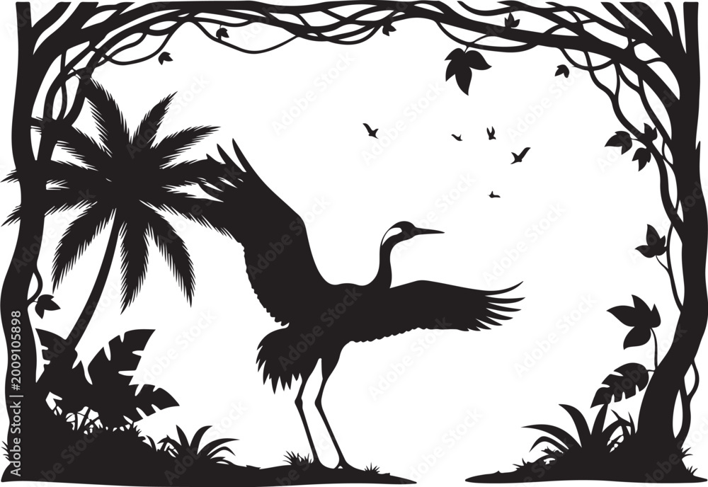 Fototapeta premium Black silhouette of a bird with spread wings standing