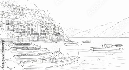 Sketch of boats moored near a hillside village with mountains in background