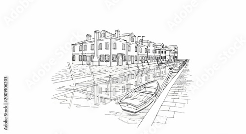 Sketch of colorful buildings lining a tranquil canal with a small boat