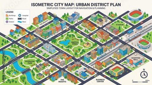 Isometric city map, urban district plan, navigation illustration, colorful infographic
