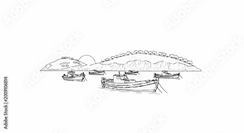 Sketch of fishing boats moored offshore near a vegetated island at sunrise