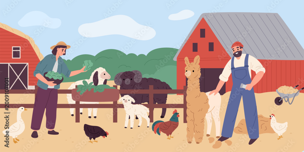 Naklejka premium Happy farmers with animals. Family couple breed lambs and llamas, man cuts wool, woman feeds cattle, rural life, sheep, alpaca and chickens garish vector cartoon livestock farming concept
