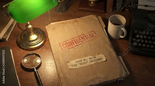 Old Confidential File Folder Lying on Detective Desk with Lamp 
