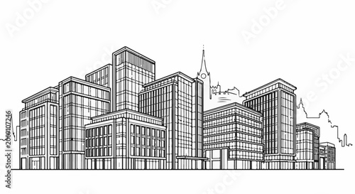Sketch of modern glass buildings and a distant church spire