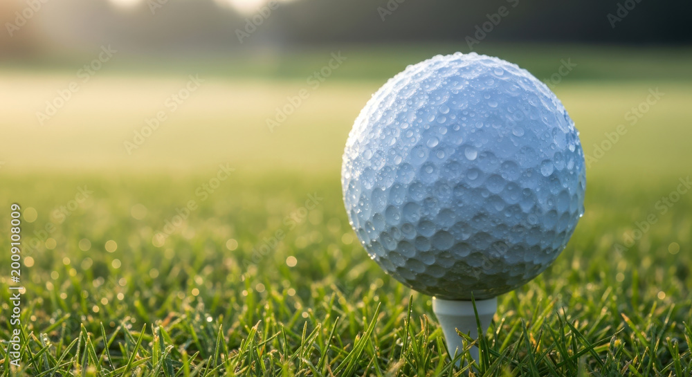 Obraz premium Wet golf ball on tee in morning sunlight