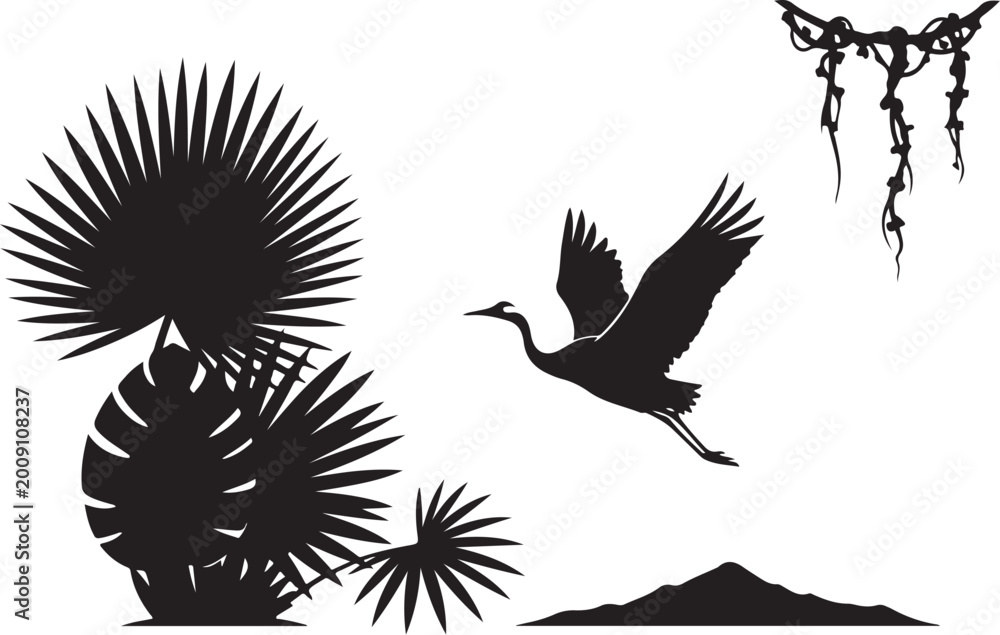 Fototapeta premium Black silhouette of flying crane with tropical plants bird