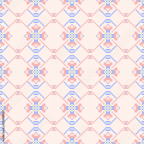 Abstract pattern of pixels art design in soft pastel blue, pink, green and beige cream. Pattern seamless minimalist. Vector art, cute, modern, vintage, geometric style for background, textiles, wrappi