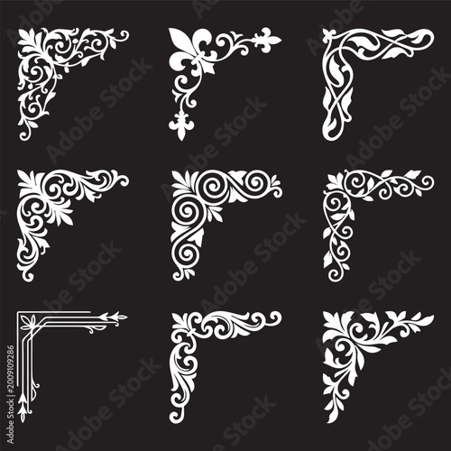 Detailed White Scrollwork and Floral Corner Borders Collection - Ornate Vector Filigree Ornaments for Vintage Stationery, Invitation Design, and Formal Document Accents