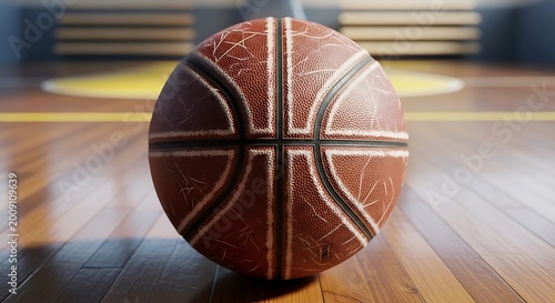 Top view of a worn basketball on a gym floor