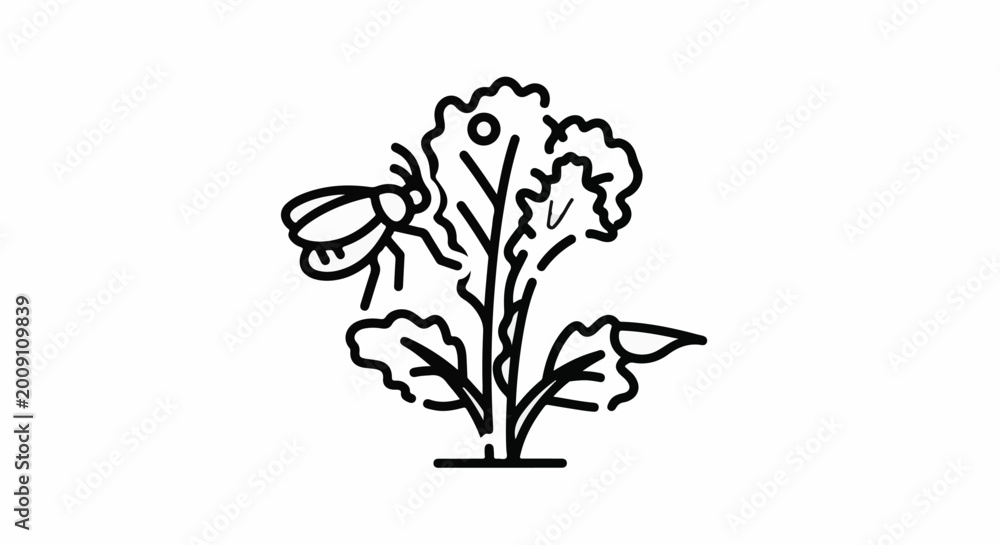Obraz premium Simple line art of a bee on a leafy green plant