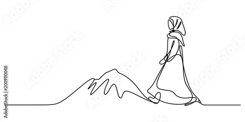 Obraz na płótnie Woman in hijab walking past a mountain continuous line art
