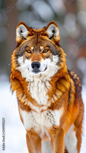 Majestic Red Wolf Portrait in a Snowy Winter Forest Environment