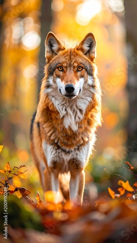 Majestic Red Wolf Standing in an Autumn Forest During Golden Hour