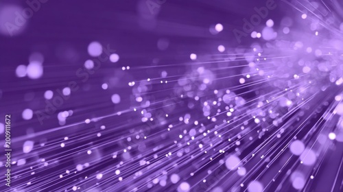 Abstract purple fiber optic cables glowing with data light particles and bokeh circles for high speed internet technology and digital communication network background for telecommunications art.
