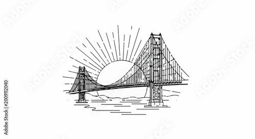 Stylized line art of a suspension bridge with a sunburst
