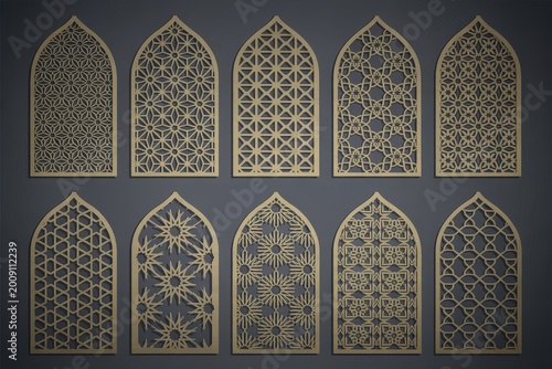 Collection of ten decorative golden arched window screens with diverse Islamic geometric patterns