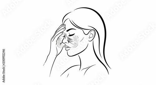Stylized line art of a woman experiencing facial pressure or pain