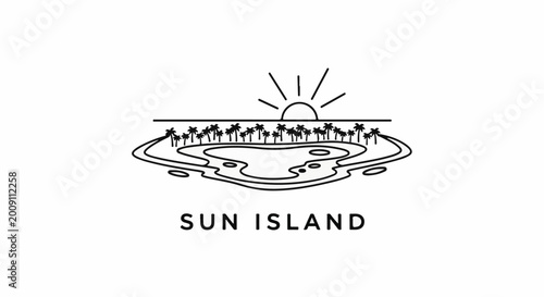 Stylized line art of a tropical island with palm trees and a setting sun