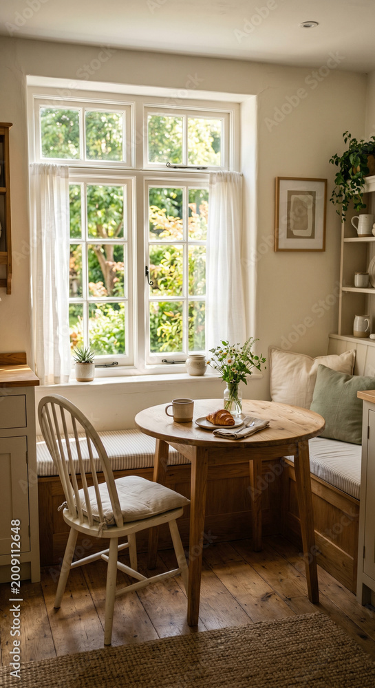 Fototapeta premium Fresh summer dining room interior with vertical dining room, round table, chairs and bright garden window