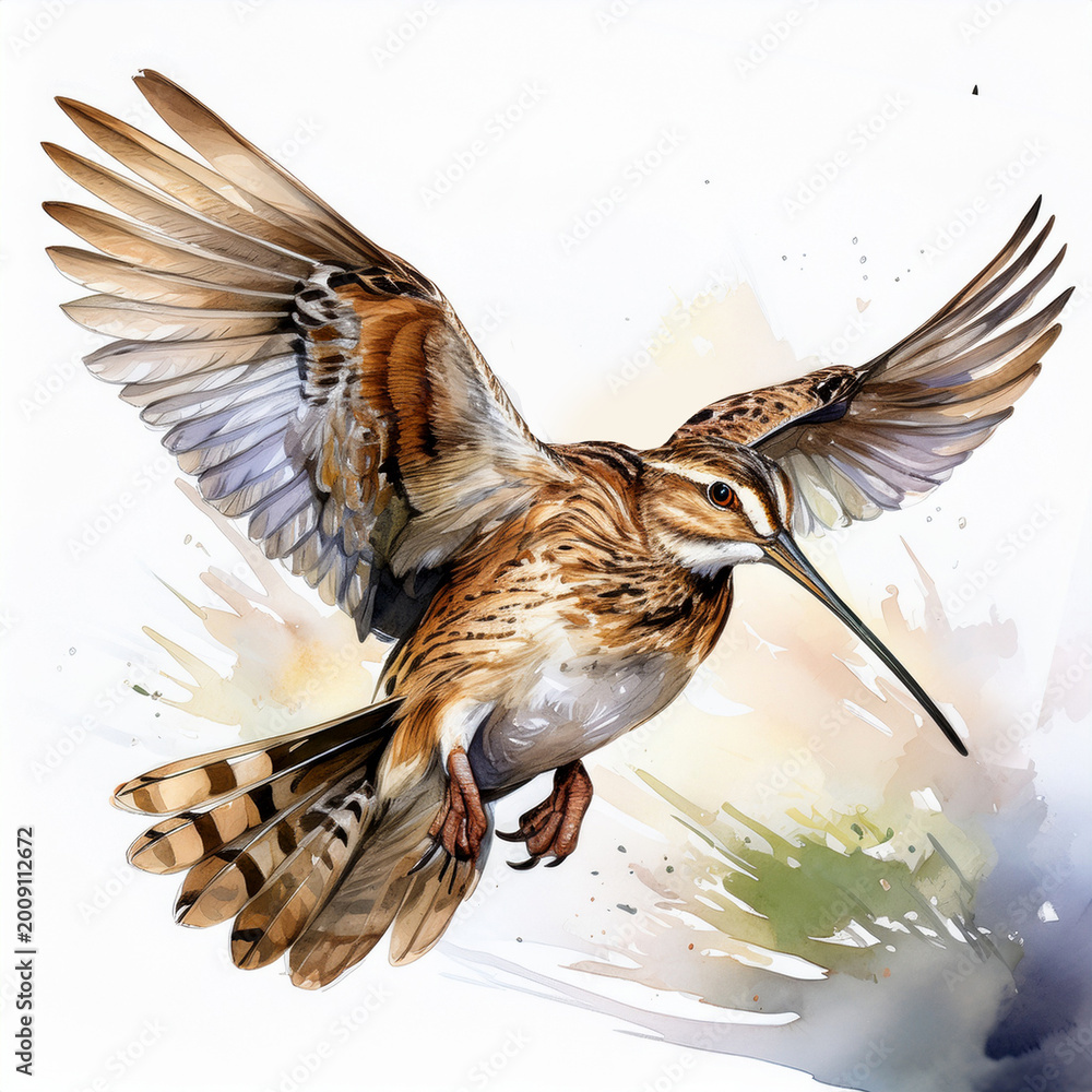 Obraz premium bécassine, forêt, sauvage, en vol, colvert, oiseau, animal, nature, faune, bec, sauvage, coloré, couleur, dépaysant, ailes, chasse, gibier, illustration, aquarelle, 