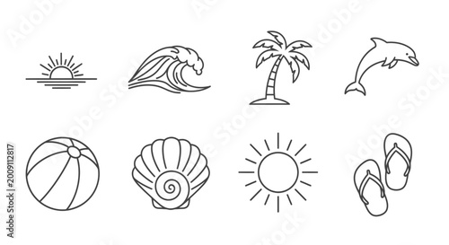 Bild auf Leinwand Summer Beach Icons Set: Sun, Wave, Palm Tree, Dolphin, Ball, Shell, Sun, Flip Fl