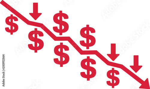 Foto Financial crisis vector illustration red downward arrow graph dollar recession l