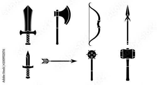 Bild auf Leinwand Fantasy Medieval Weapons Silhouette Icon Set: Sword, Axe, Bow, Arrow, Mace, Spea