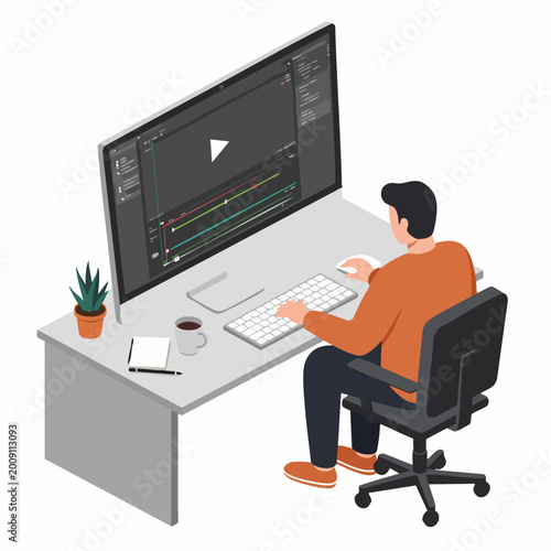 Professional video editor working on post-production software using a desktop computer, isometric illustration.