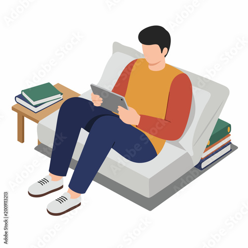 Man sitting on a sofa using a digital tablet for remote work or study, isometric illustration