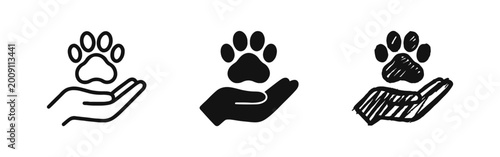 Konstfotografi Animal Welfare and Pet Adoption Icon Set with Hand Holding a Paw Print