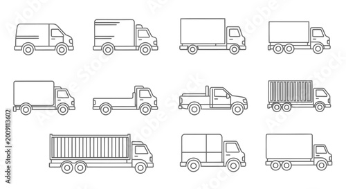 Collection of Delivery Trucks and Vans - Line Art Icons
