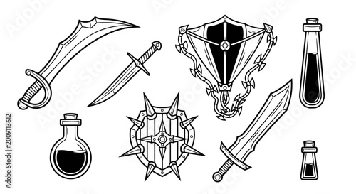 Εκτύπωση καμβά Fantasy Weapons and Potions Set: Swords, Shields, Daggers, and Elixirs