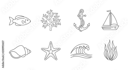 Nautical Icons: Fish, Coral, Anchor, Sailboat, Shell, Starfish, Wave, Fire