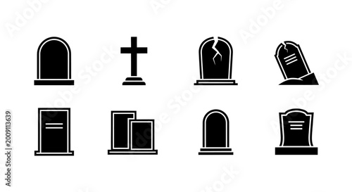 Foto Grave Monuments Icons Set: Tombstones, Cross, and Headstones Collection