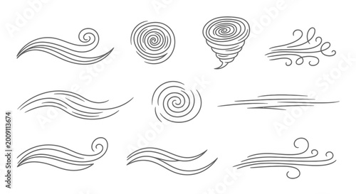 Tableau sur toile Set of Hand Drawn Wind and Swirl Icons: Tornado, Breeze, Gusts, Vortex