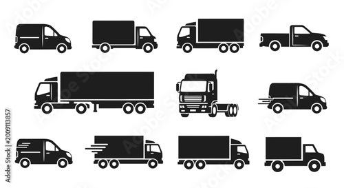 Collection of Truck and Van Silhouettes for Logistics and Delivery