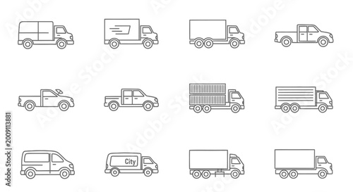 Collection of Truck and Van Icons: Delivery, Transport, Logistics, Shipping, Vehicles