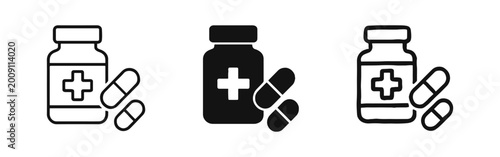 Quadro su tela Medical pill bottle and capsules icon set for pharmacy and healthcare