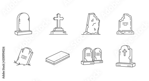 Tombstone Gravestone Icons Set, Cemetery Monument Collection, Vector Outline