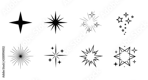 Foto Sparkle Starburst Icons Set - Black Glittering Elements on White Background