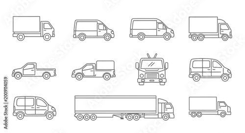 Various delivery trucks and vans outline set, transportation icons